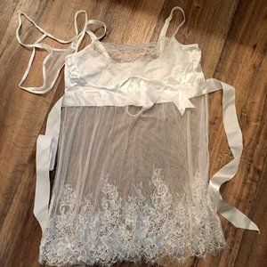 🤍 Soft White / Cream Sheer Lace & Satin Babydoll Set 🤍